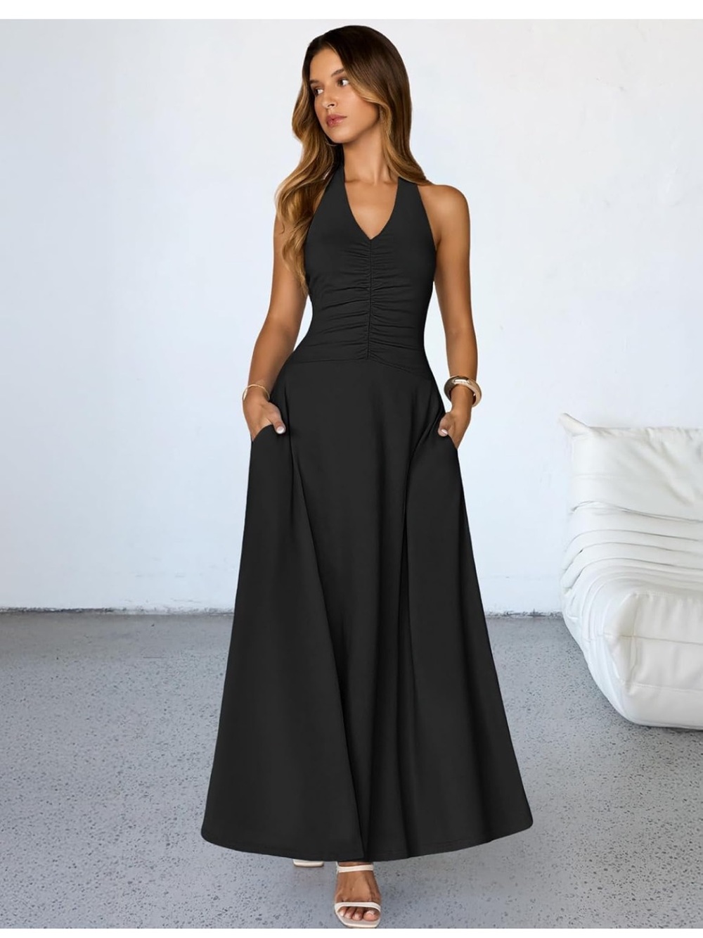Black Halter Maxi Dress with Ruched Bodice and Side Pockets